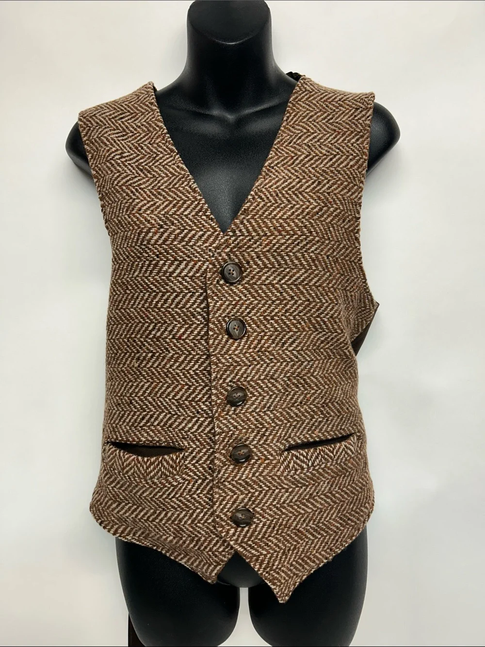 Brown Herringbone Wool Vest vintage men’s button up